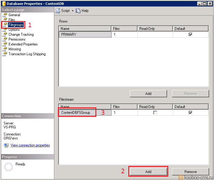 MS SQL Server Management Studio database properties filefroups for filestream