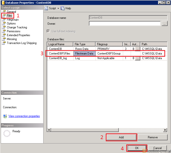 MS SQL Server Management Studio database properties files folder for filestream